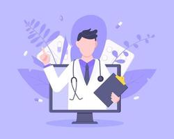 conceito de serviço médico médico on-line com o médico na ilustração vetorial de tela de monitor. Consulta na web sobre telemedicina para exames de saúde de pacientes e uso de pílulas de prescrição de medicamentos. vetor