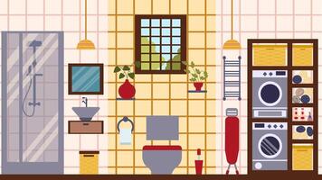 a interior do uma moderno banheiro, banheiro e lavanderia sala, fez dentro japonês estilo. a ilustração é dentro uma plano estilo. vetor