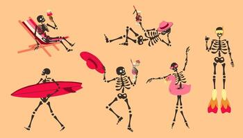 conjunto do engraçado esqueletos em período de férias em a de praia. fofa personagem esqueleto ossos vetor