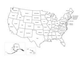 isolado ilustração do simplificado administrativo mapa do EUA, Unidos estados do América. fronteiras do a estados, regiões. branco silhuetas, Preto esboço vetor