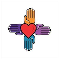 ícone de cor linear de quatro mãos com coração. símbolo de caridade, doação, humanidade, saúde. curso editável. vetor de modelo de design