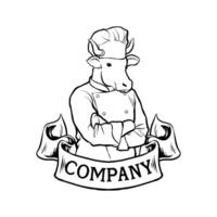 Preto e branco ilustração logotipo do uma vaca vestindo uma chef equipamento com uma bandeira por baixo vetor