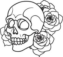 crânio com rosa flores linha arte Preto e branco ilustração vetor