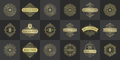 vintage logotipos e monogramas conjunto elegante floresce linha arte gracioso enfeites vitoriano estilo modelo Projeto vetor