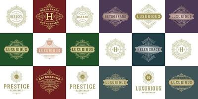 vintage logotipos e monogramas conjunto elegante floresce linha arte gracioso enfeites vitoriano estilo modelo Projeto vetor