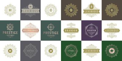 vintage logotipos e monogramas conjunto elegante floresce linha arte gracioso enfeites vitoriano estilo modelo Projeto vetor