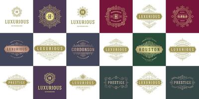 vintage logotipos e monogramas conjunto elegante floresce linha arte gracioso enfeites vitoriano estilo modelo Projeto vetor