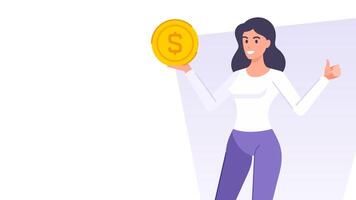 o negócio mulher com dourado moeda dinheiro dinheiro dólar bandeira Projeto modelo plano ilustração vetor