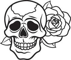 crânio com rosa flores linha arte Preto e branco ilustração vetor