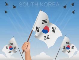 bandeiras da república da coreia do sul voando sob o céu azul vetor