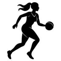 uma fino fêmea basquetebol jogador corre rápido, segurando a bola silhueta vetor