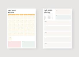 julho de 2022 conjunto de modelos de planejador. conjunto de planejador e lista de tarefas. modelo de planejador mensal, semanal e diário. ilustração vetorial. vetor