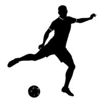 uma futebol jogador pontapé a bola silhueta, branco fundo vetor
