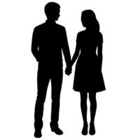 uma jovem casal em pé com segurando mão cada outro, lado de lado silhueta vetor