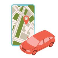 Autônomo conectados carro partilha serviço controlada através da Smartphone aplicativo, conectados Táxi reserva aplicativo. telefone com localização marca e carro. vetor