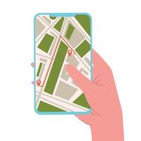 conectados encomenda Táxi carro, renda e partilha usando serviço Móvel aplicativo. Smartphone tela com rota e pontos localização em cidade mapa em carro e urbano panorama fundo vetor