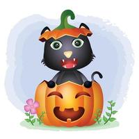 um gato preto fofo na abóbora de halloween vetor