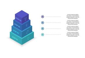 3d infográfico pirâmide, ou comparação gráfico com 4 colorida levitando camadas. a conceito do níveis ou estágios do uma o negócio projeto. realista infográfico Projeto modelo. vetor
