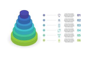 3d infográfico pirâmide, ou comparação gráfico com 6 colorida levitando camadas. a conceito do níveis ou estágios do uma o negócio projeto. realista infográfico Projeto modelo. vetor