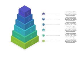 3d infográfico pirâmide, ou comparação gráfico com 6 colorida levitando camadas. a conceito do níveis ou estágios do uma o negócio projeto. realista infográfico Projeto modelo. vetor