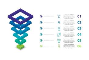 3d infográfico pirâmide, ou comparação gráfico com 6 colorida levitando camadas. a conceito do níveis ou estágios do uma o negócio projeto. realista infográfico Projeto modelo. vetor