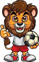 desenho animado leão mascote segurando futebol bola vetor