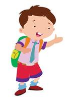 uma fofa Garoto vestindo escola uniforme com escola saco sorridente e acenando dele mãos vetor