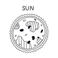 engraçado mão desenhado Preto e branco Sol. enorme caloroso estrela, a Centro do solar sistema. infantil isolado rabisco do astronomia celestial corpo para crianças Educação, galáxia infográfico, universo poster, Projeto. vetor