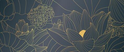 luxo dourado lótus flor linha arte fundo . natural botânico elegante flor com ouro linha arte. Projeto ilustração para decoração, parede decoração, papel de parede, cobrir, bandeira, poster, cartão. vetor