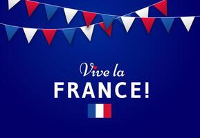 vive la França cumprimento cartão ou bandeira Projeto com patriótico bandeiras e texto em azul fundo. bastilha dia, Julho 14 vetor