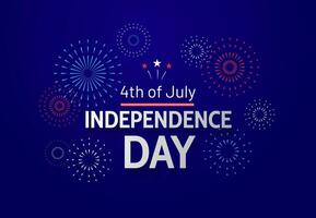 quarto do Julho celebração dentro EUA. independência dia cumprimento bandeira com texto e fogos de artifício em azul fundo vetor
