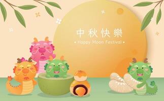 Dragão mascote a comemorar chinês festival poster, cheio lua com pomelo e bolos lunares vetor