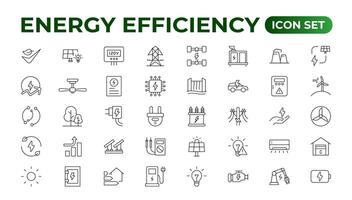 energia eficiência ícone definir. calculadora, economia de energia luz lâmpada, porquinho banco, solar painel, circular economia, bateria, casa isolamento, energia classe ilustração vetor