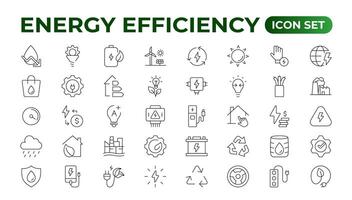 energia eficiência ícone definir. calculadora, economia de energia luz lâmpada, porquinho banco, solar painel, circular economia, bateria, casa isolamento, energia classe ilustração vetor