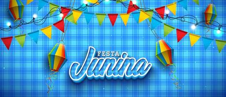 festa junina ilustração com festa bandeira, colorida papel lanterna e 3d tipografia carta em azul xadrez fundo. festa de são joao brasileiro Junho tradicional feriado festival Projeto para vetor