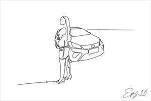 contínuo linha ilustração do mulher posando dentro frente do uma carro vetor