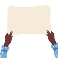 africano mulher mãos segurando esvaziar em branco papel, bandeira com cópia de espaço, em branco para a publicidade mensagem vetor