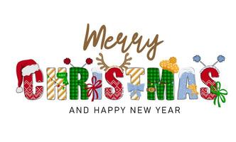 alegre Natal e feliz Novo ano. mão desenhado rabisco texto com santa chapéu, chifre e guirlandas vetor