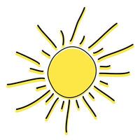 solteiro elemento do Sol dentro rabisco estilo, verão mão desenhado ilustração com amarelo cor para cumprimento cartões, cartazes, adesivos e sazonal Projeto. infantil desenhando gráfico elemento vetor