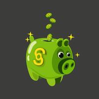dinheiro plano verde ícones. ícone para negócios. cerâmico verde porquinho banco dentro a forma do uma porco. ilustração do uma moedas e porquinho banco vetor