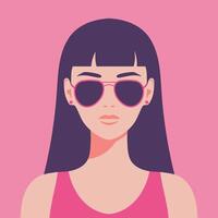 jovem mulher vestindo oculos escuros. retrato ou avatar do uma jovem fêmea com uma grandes Sombrio cabelo dentro oculos escuros. ilustração vetor