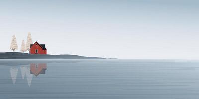 minimalista beira-mar panorama com país casa frente Visão e pinho árvores gráfico ilustrado ter em branco espaço. vetor