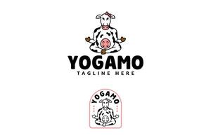 laticínios vaca com meditação e ioga desenho animado logotipo Projeto para animal, saudável, meditação e ioga vetor