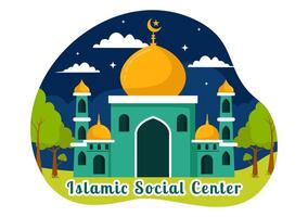 islâmico social Centro ilustração apresentando mesquitas, educacional instituições para islâmico estudos e desenvolvimento dentro plano desenho animado fundo vetor