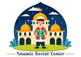 islâmico social Centro ilustração apresentando mesquitas, educacional instituições para islâmico estudos e desenvolvimento dentro plano desenho animado fundo vetor