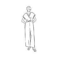 uma linha desenhado ilustração do uma mulher modelo posando dentro uma macacão. desenhado de mão dentro uma esboçado estilo vetor