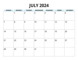 2024 Julho calendário azul cor, domingo começar vetor