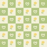 minimalista amarelo flores e corações em uma verde xadrez fundo vetor