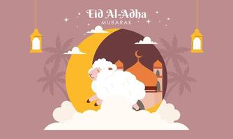 feliz piedosos eid al adha Mubarak fofa bandeira desenho animado rabisco ilustração vetor