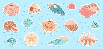 fofa mar cartuchos adesivo definir. na moda plano estilo Concha do mar coleção. oceano embaixo da agua Pia Concha do mar concha aquático molusco. mão desenhado desenho animado espiral lesma, marinho animais ilustração vetor